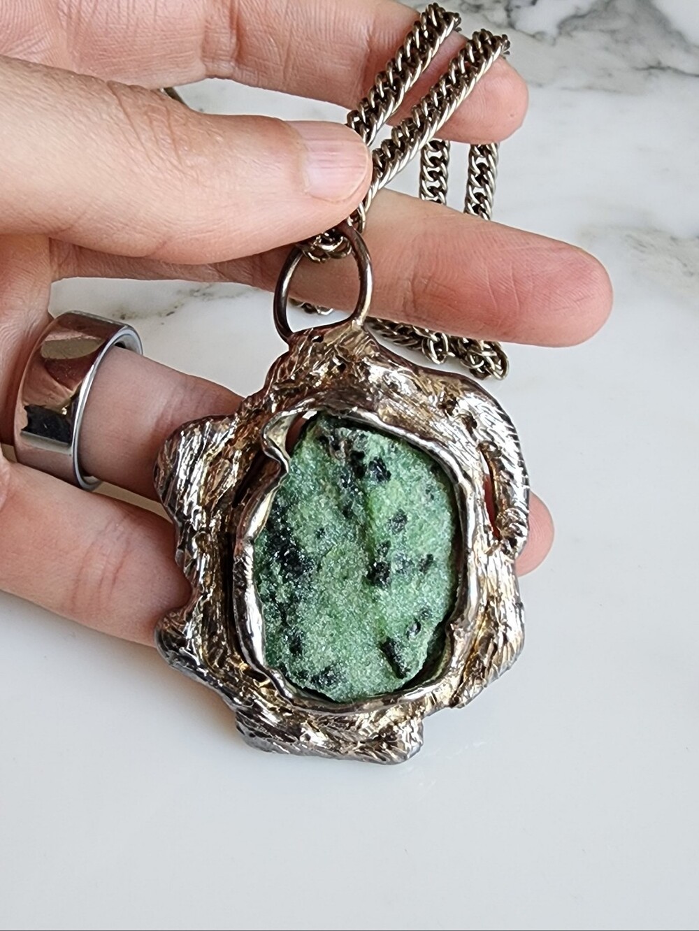 Vintage Dansk Smykkekunst D.S. Denmark Brutalist Green Stone Necklace - Picture 9 of 14